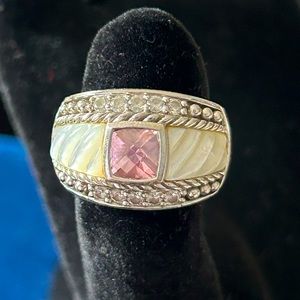 Judith Ripka sterling silver mother of pearl and rose quartz CZ ring